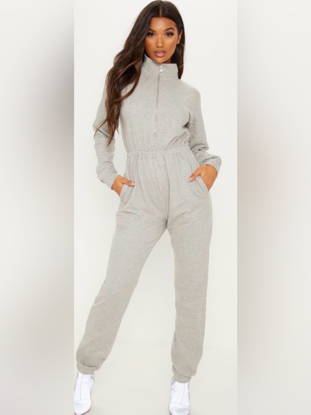 High-Neck Grey Jumpsuit with Zip Front